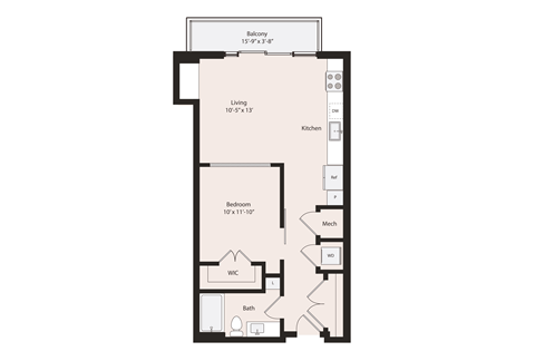 Deco E1-1 Floor Plan 1 Bedroom 1 Bathroom 684 square feet